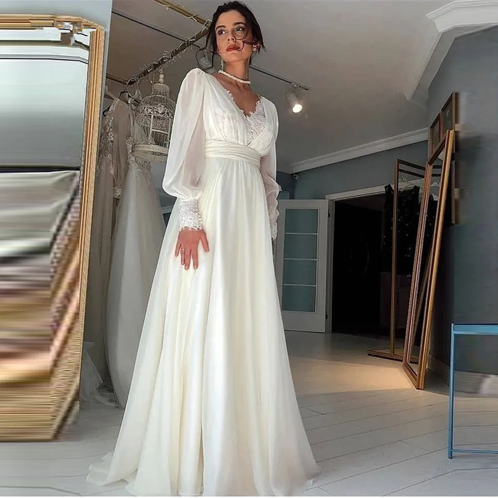 Lsyx Simple Elegant Wedding Dress For Women 2024 Civil Long Sleeves Lace Appliques Bridal Gown Backless Chiffon Robe De Mariée