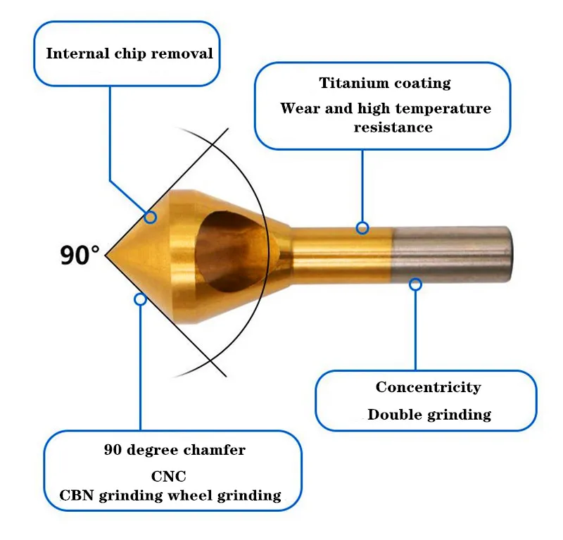 4pcs Titanium-plated Oblique Hole Chamfer 90 Degree Single Hole Deburring Round Shank Countersink High Speed Steel Drill Bit