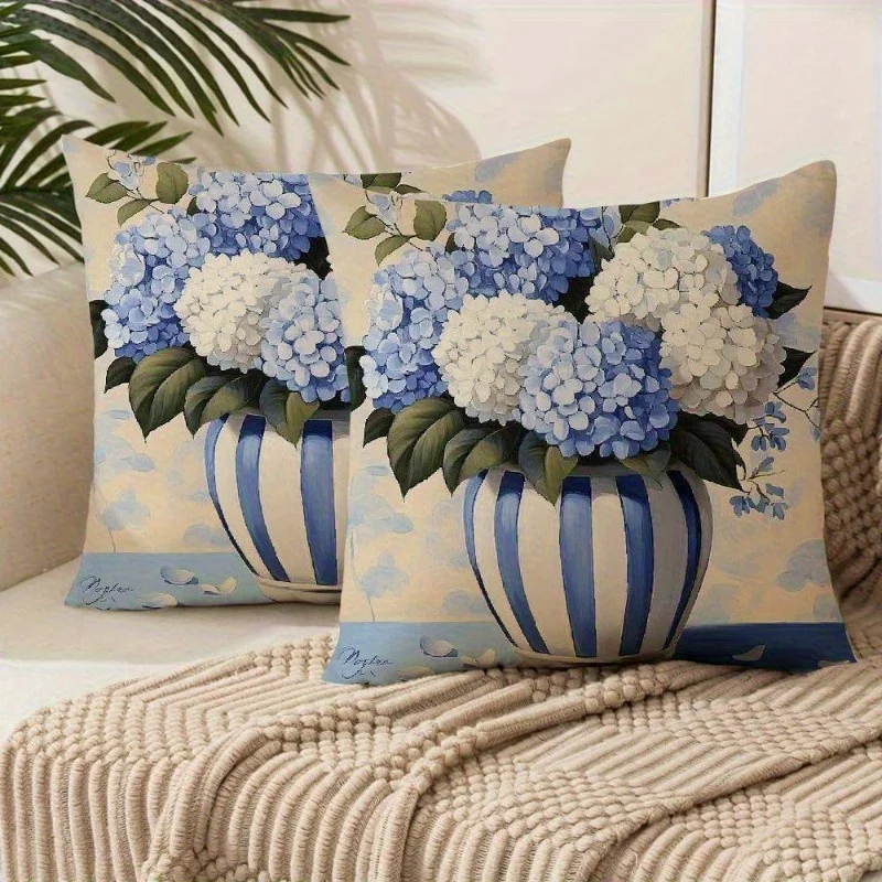 1pc Mediterranean Hydrangea Bouquet Striped Jar Throw Pillow Cover 2D Double-Side Print Polyester Cushion Case for Kitchen Balco