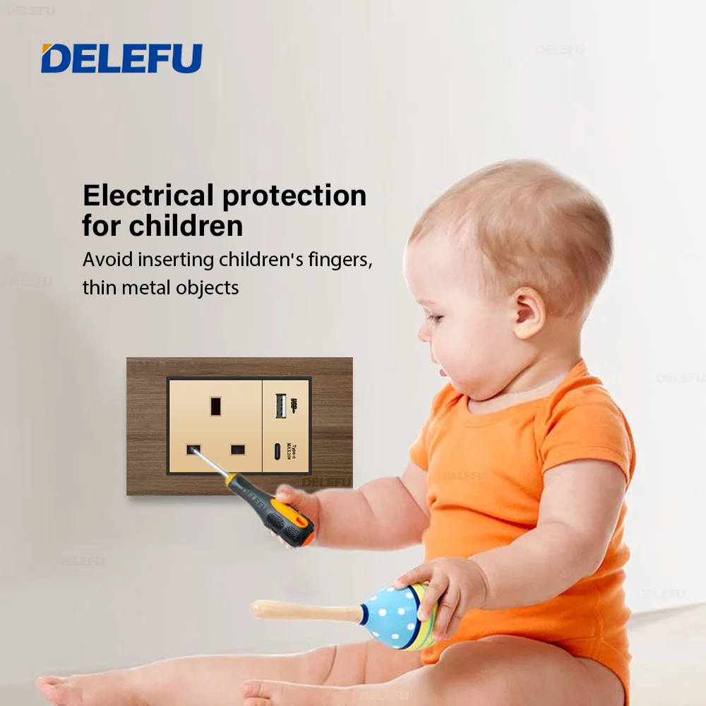 DELEFU Wall Switch Power Socket Switch USB-C Gold function key Imitation wood grain panel UK series