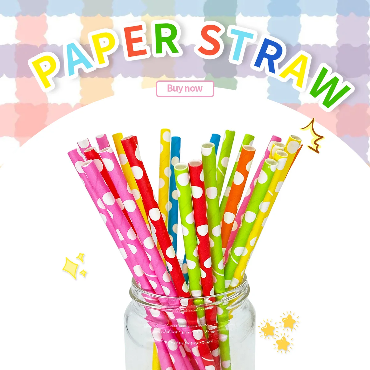 25 pajitas de papel de lunares de colores, 197 mm, ecológicas, ideales para bebidas y fiestas