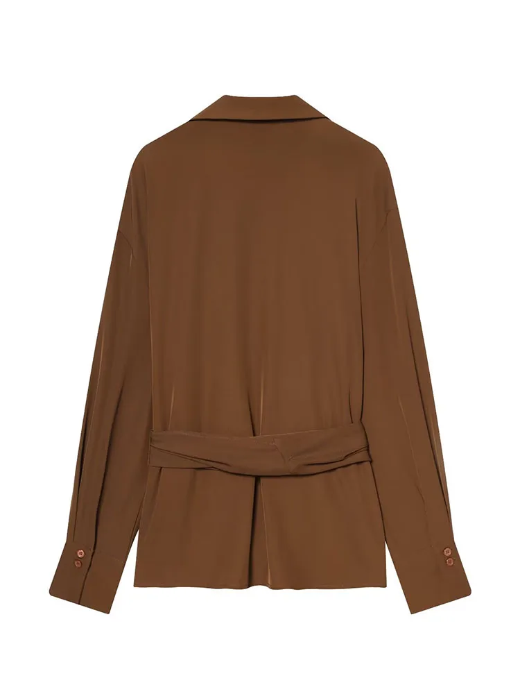 HH Lente Vrouw Mode Lange Mouwen Geplooide Decoratie V Kraag Dubbele Revers Tops Vrouwelijke Losse Casual Elegante Comfortabele Tops