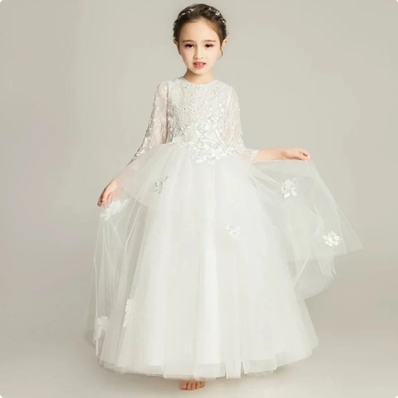 3D Floral Embroidery Flower Girl Dress 3/4 Sheer Sleeve Round Neck Irregular Layered Tulle Long Gown Wedding Performance Party