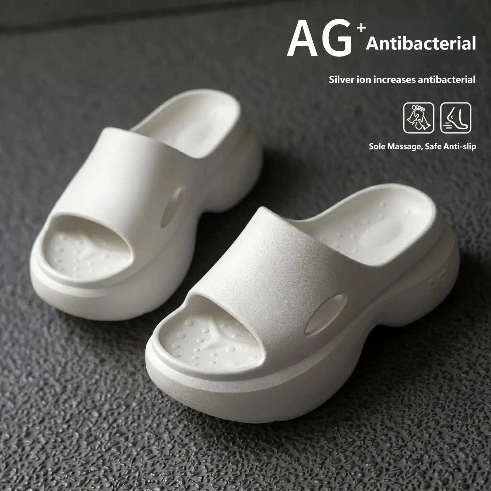 AG+ Silver Ion Antibacterial Cutout Platform Slide Sandals Height Increase Non-Slip Massage Sole Cloud Feel EVA Footwear