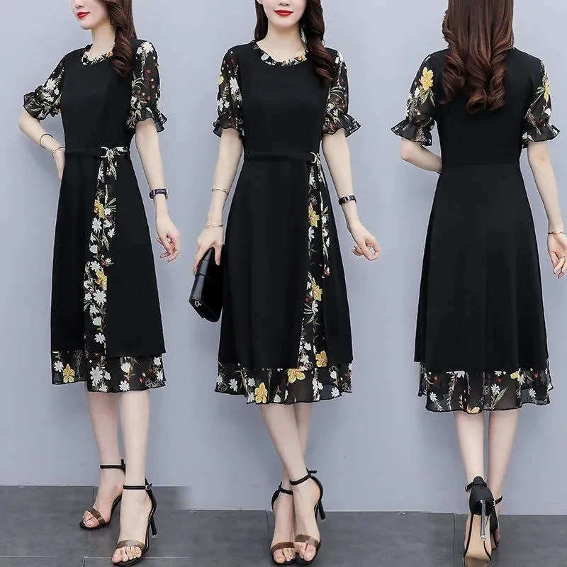 Black Floral Patchwork Midi Dress Women Summer Elegant Ruffles Short Sleeve A-Line Dresses Large Size Casual Vestidos De Mujer