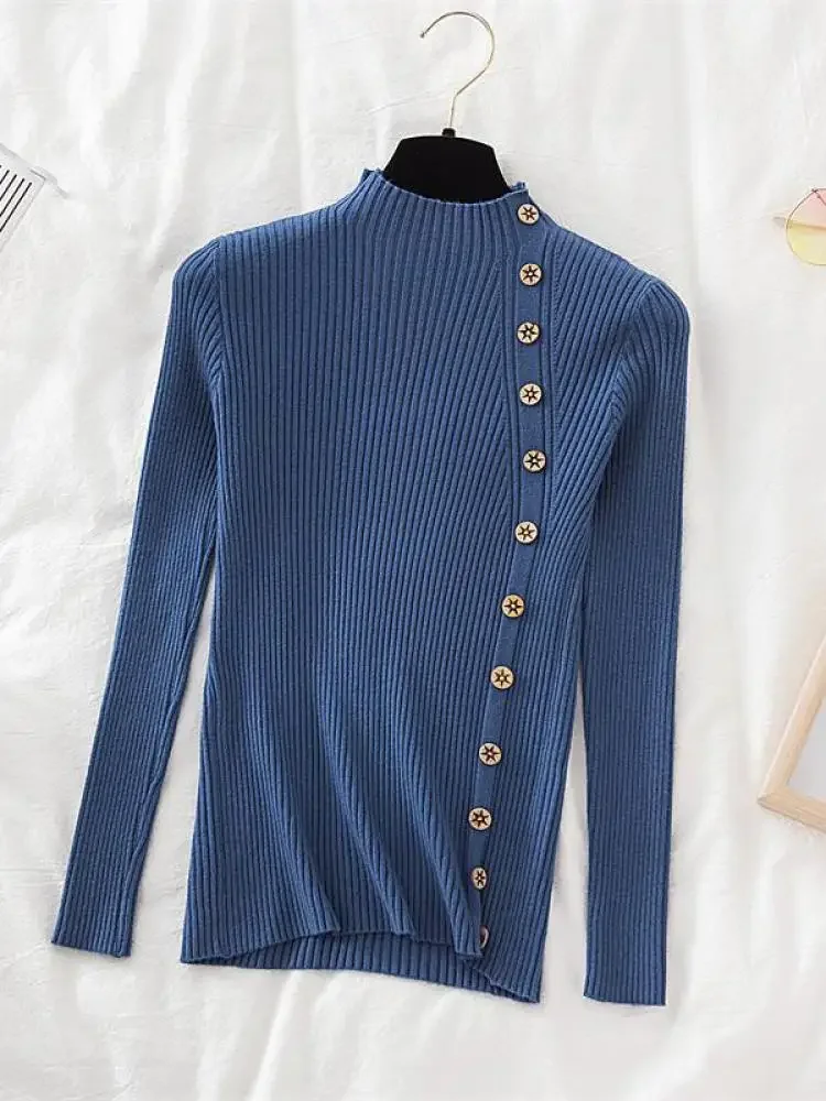 2024 Women Sweater Pullovers Khaki Casual Autumn Winter Button Turtlneck Chic Sweater Female Slim Knit Top Soft Jumper Tops