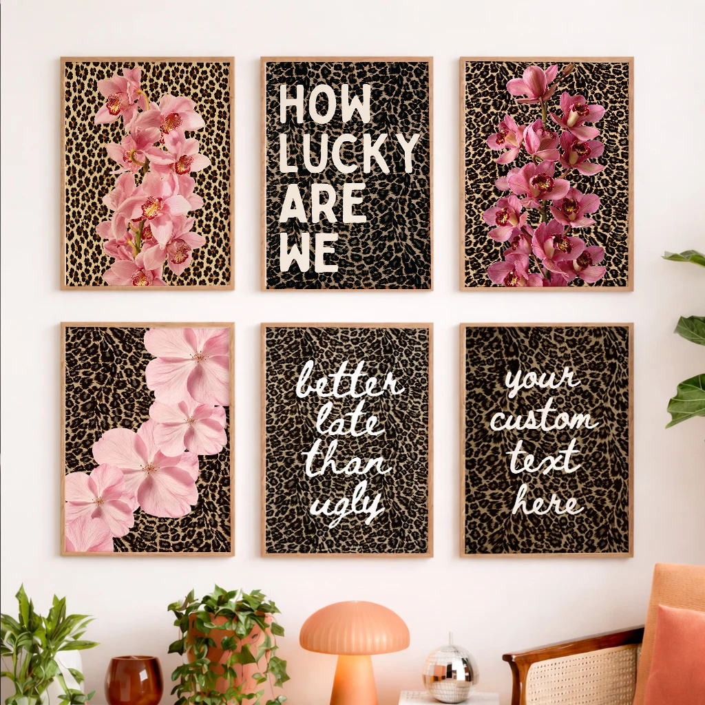 Set of 6 Pink Orchid Leopard Print Canvas Poster Floral Fashion Quote Chic Wall Decor Home Bedroom Living Room Art Wall Art