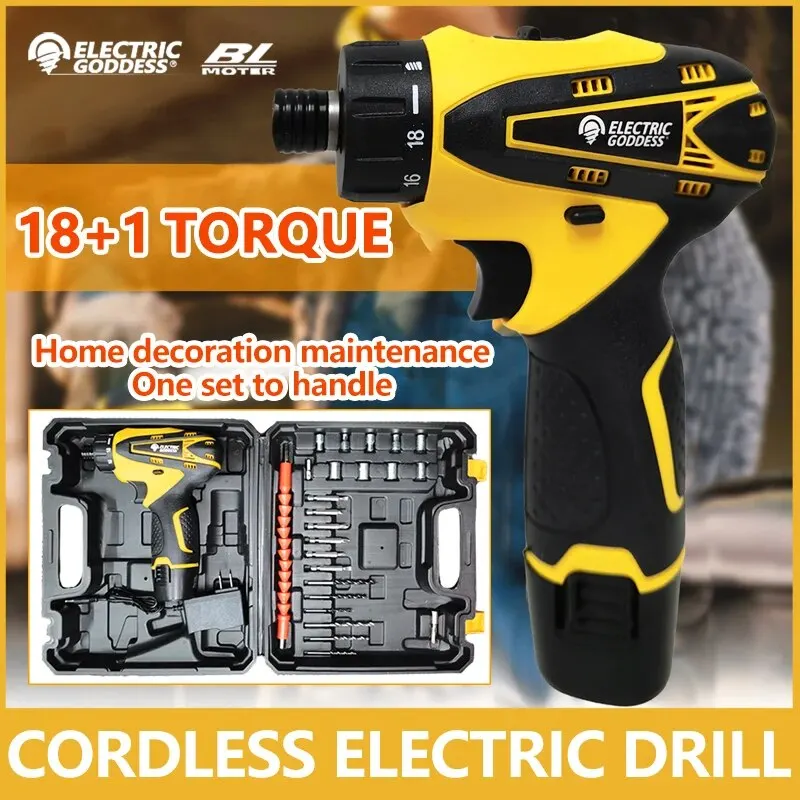 12V Cordless Drill Electric Screwdriver Mini Wireless Power Driver Lithium-Ion Battery Home DIY 18+1 TorqueSettings