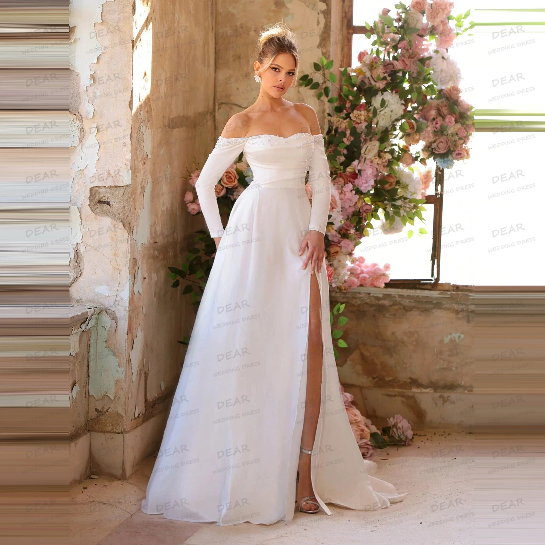 

Простые женские свадебные платья A Line 2025 года, сексуальные свадебные платья с длинными рукавами и бусинами, милое платье с высоким разрезом, Vestido De Novia по индивидуальному заказу