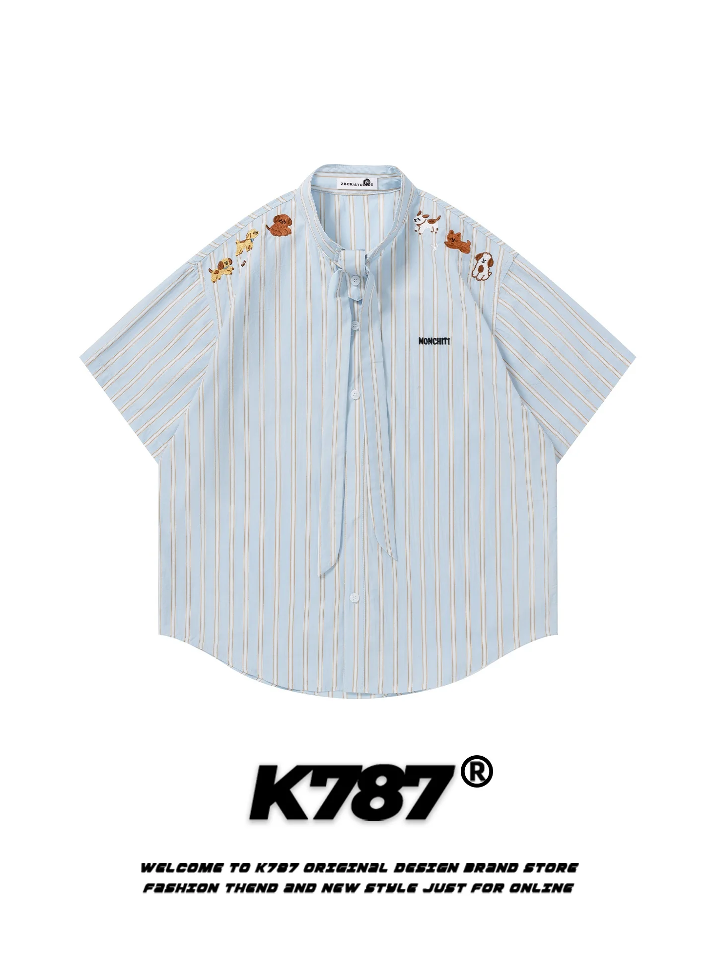 

Футболка унисекс K787 в американском ретро-стиле с вышивкой собаки, свободного кроя, с коротким рукавом, в полоску, летняя