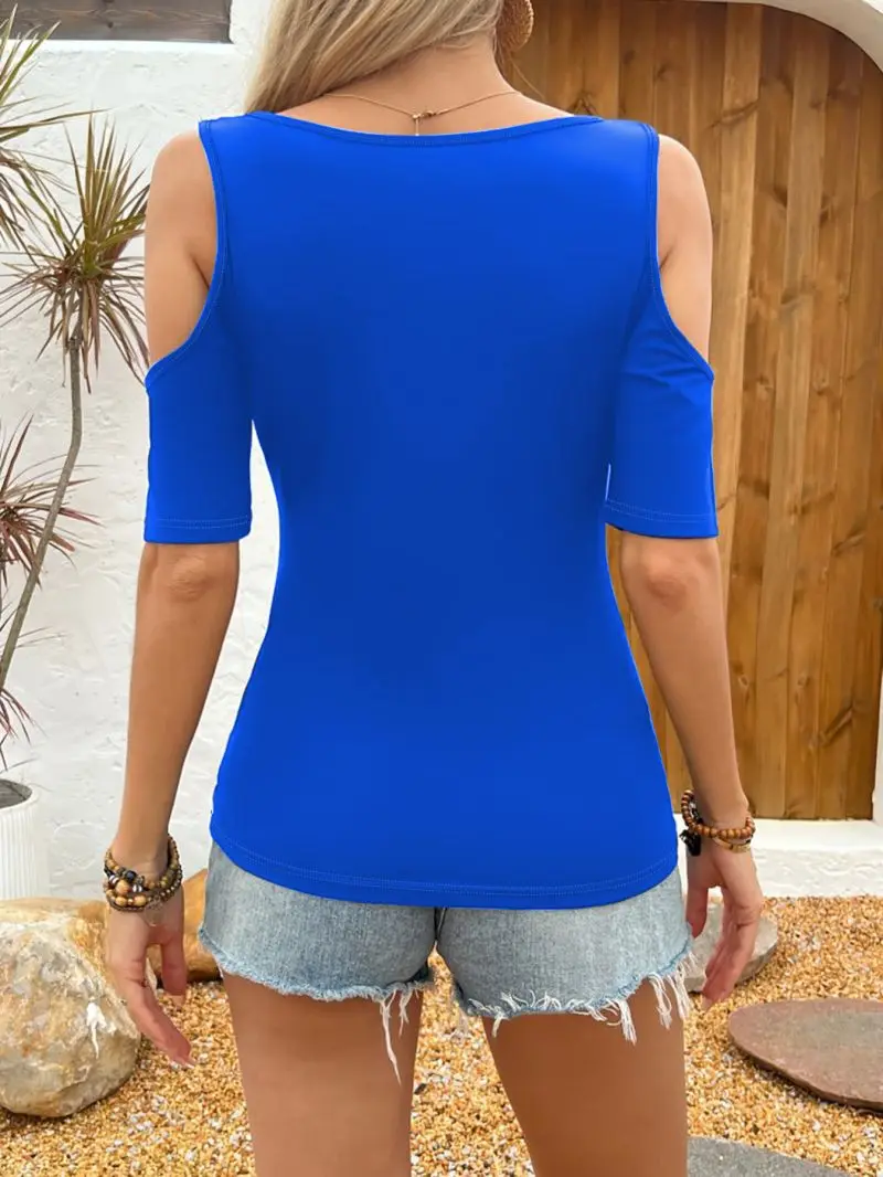 Summer Women's V-neck Notch Off-Shoulder Slim Fit T-Shirt Short Sleeve Elastic Slimming Top