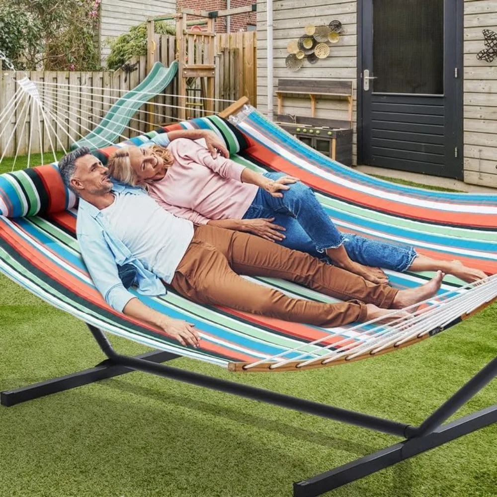 Double hammock with stand heavy duty with pillow, curved bar, portable storage bag, outdoor and indoor rollover design