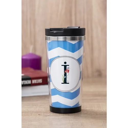 Gift Shop İ Letter Flower Design Blue Thermos Cup