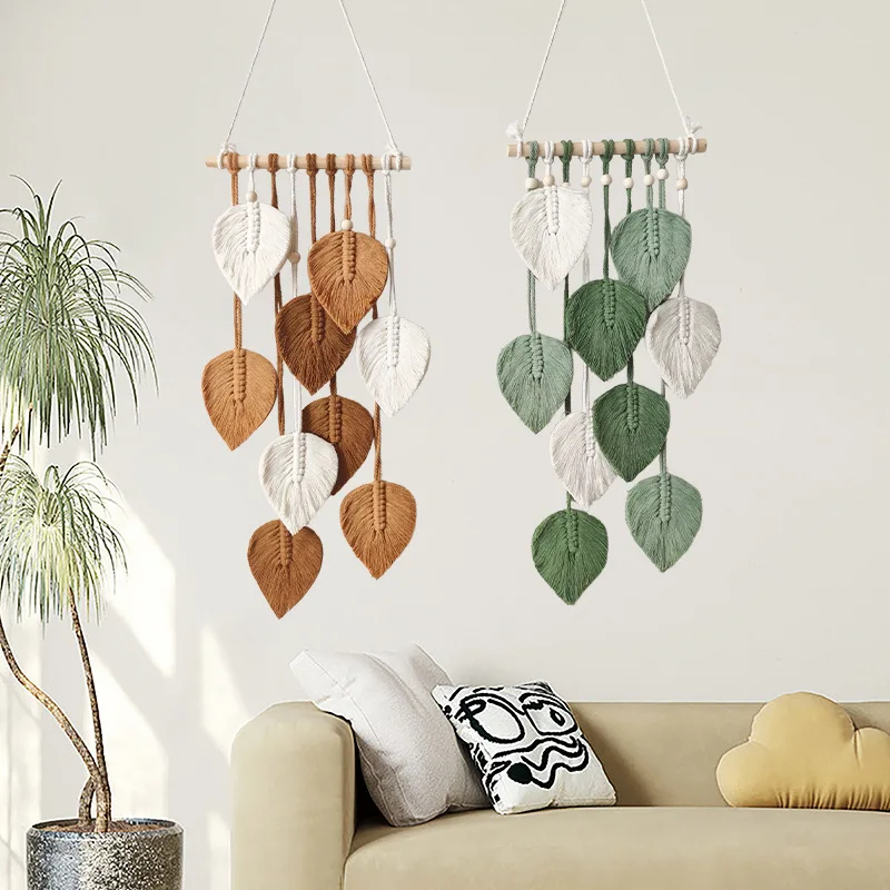 Bohemian Handmade Wall Tapestry Woven Leaf Ornament Cotton Rope Wall Hanging for Home Decor Background Decoration Festival Gifts