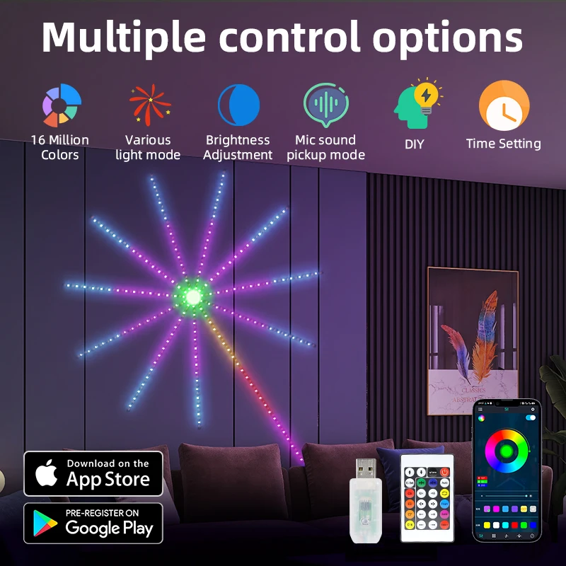 Tira de luces LED de fuegos artificiales, lámpara inteligente RGB que cambia de Color, USB, decoración de pared, Fiesta de cumpleaños, sueño