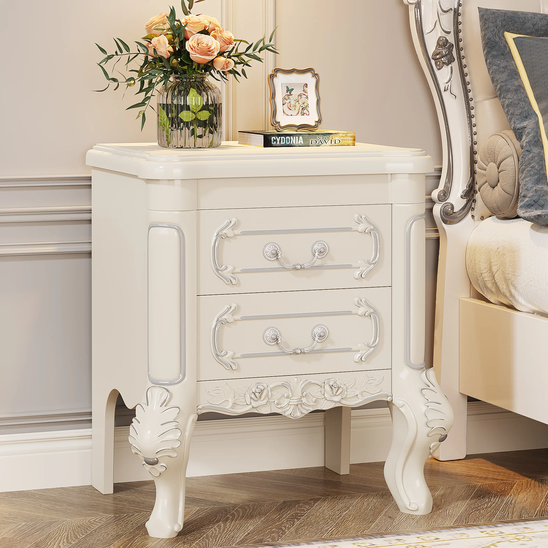 Tribesigns White Nightstand, End Table with 2 Drawers, Carved Bedside Tables, Side Table for Bedroom, Living Room