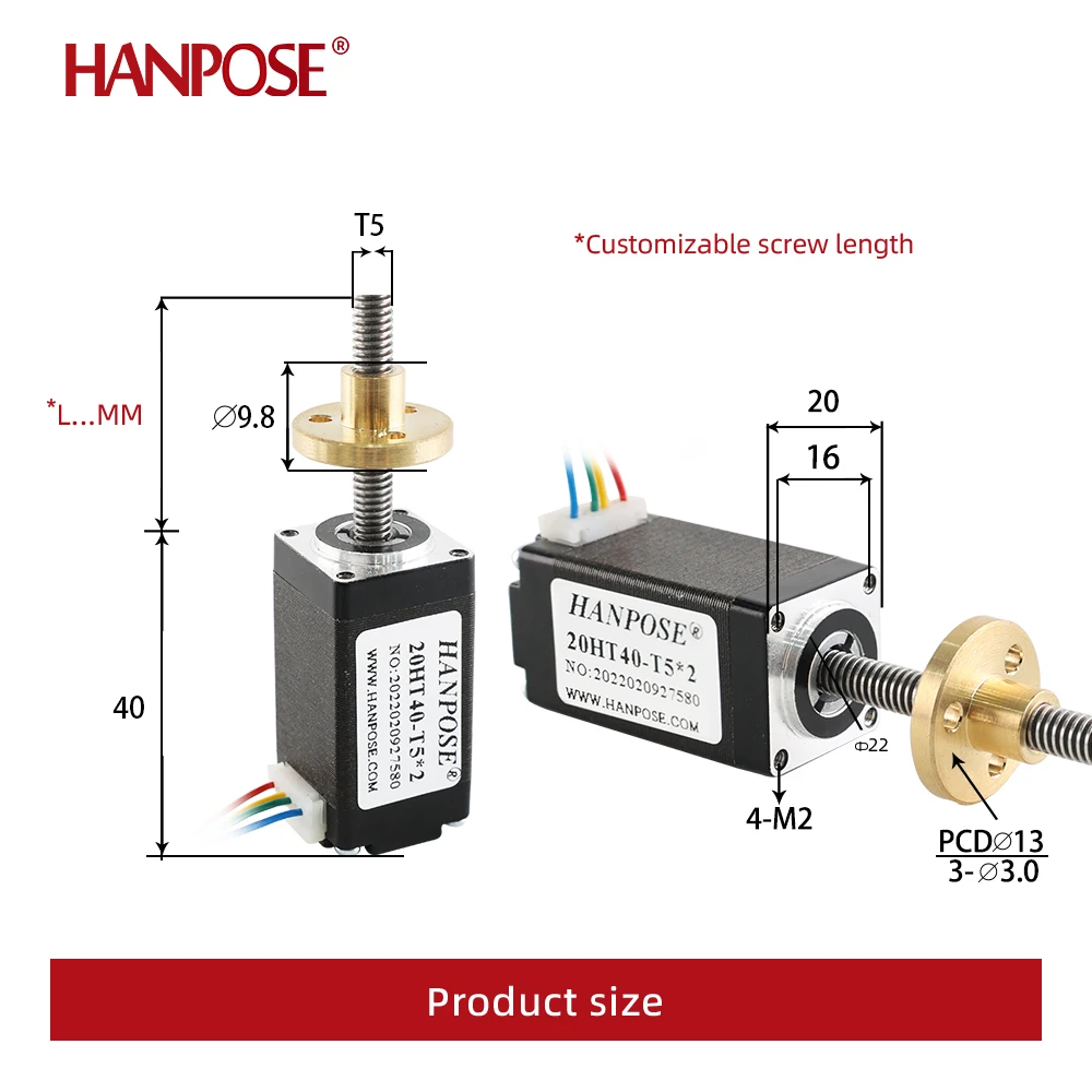 1PCS 20HT40-T5*2 Trapezoidal Screw Stepper Motor Length L50mm 100mm 150mm 0.8A 0.03N.m CNC 3D Printer Parts Nema8 Screw Motor