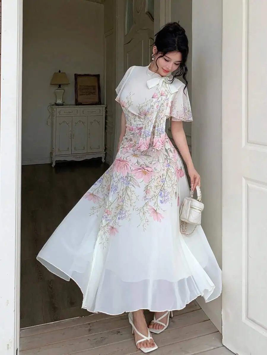 

Floral Print Tie-Neck Ruched Waist Flare Dress with Sheer Sleeves