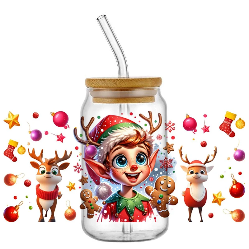 cartoon Christmas Elf UV DTF Transfer Stickers Waterproof Anti-Scratch For 16oz Glass Can Handmade Xmas Tumbler Decor sticker