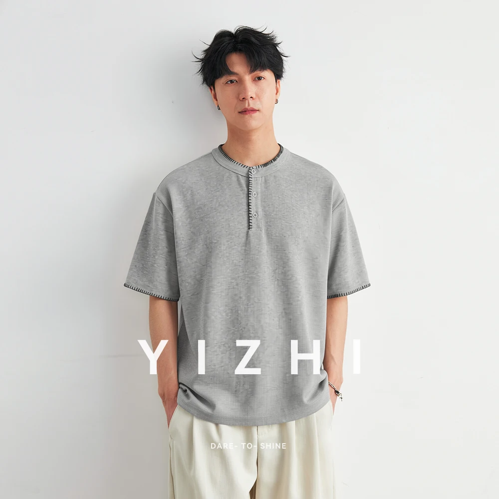 

Men's Stitch Detail Henley Neck Waffle T-Shirt 2026 Summer Loose Drop Shoulder Casual Commute Versatile Short Sleeve Top