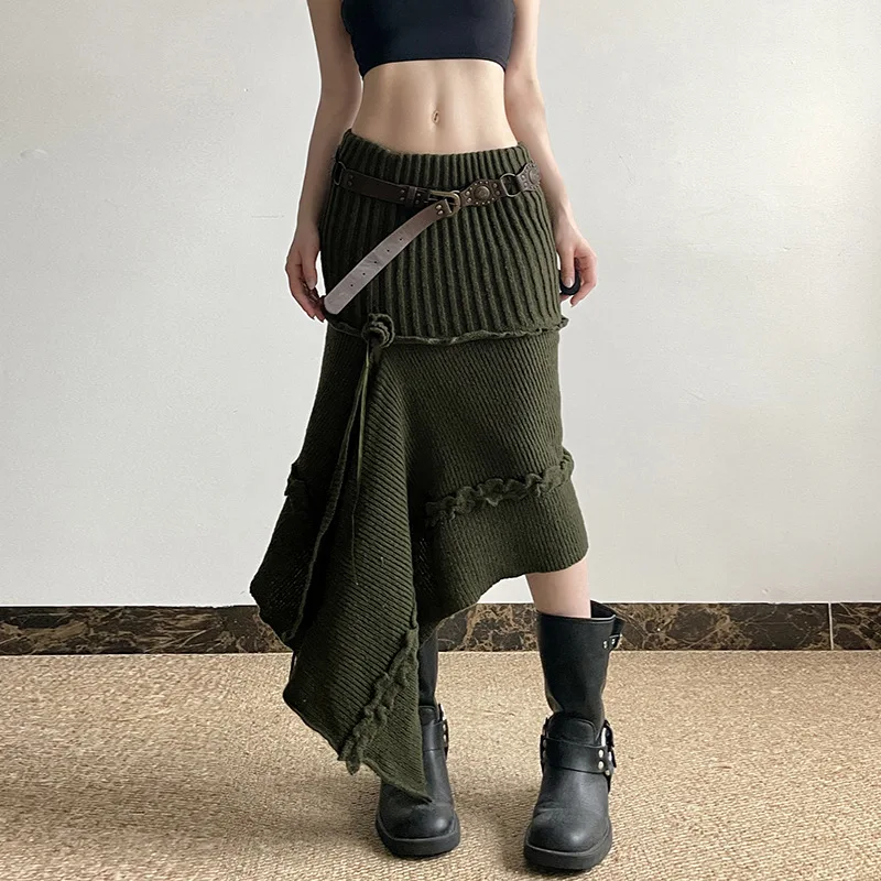 Green Grey Flower Irregular Knitting Midi Long Skirts Solid Grunge Style Casual Solid Low-Waisted Knitted Autumn Winter Skirt