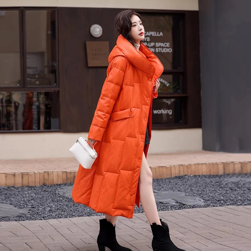 New Women Winter Orange Leather Down Coat Fashion Casual Hooded Loose Warm Sheepskin White Duck Down Overcoat Split Leather