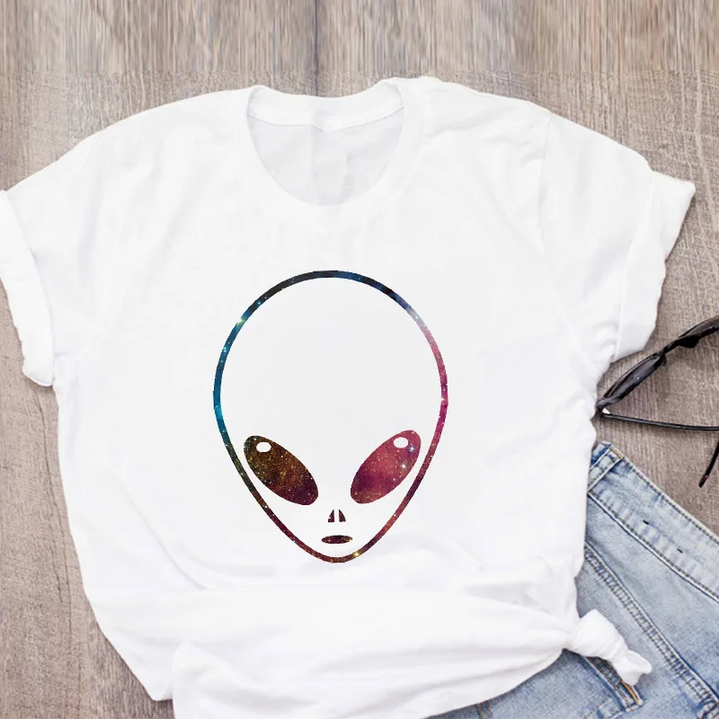 Women's T-shirt Cute White Tops Female Clothing Alien Graphic T Shirts Cartoon Print Ladies Funny Streetwear Tees Y2k Clothes