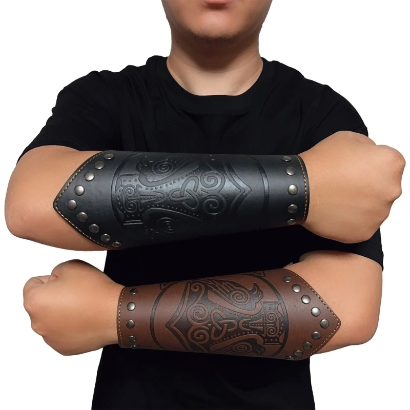 Embossed Pattern Wrist Guard Men Cosplay Vintage Knight Wristbands Adjustable Metal Hole Gauntlets Gothic Wrist Armors