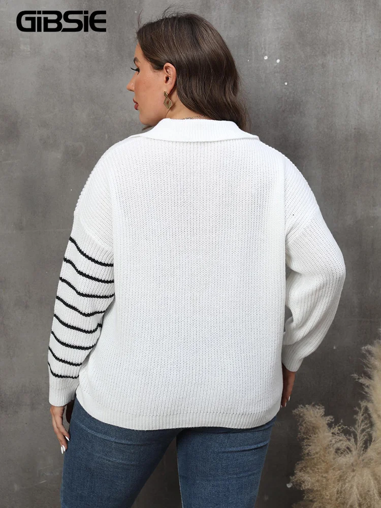 GIBSIE Plus Size Drop Shoulder Striped Knitted Pullover Sweater Women 2023 Autumn Winter Casual Long Sleeve Black White Sweaters