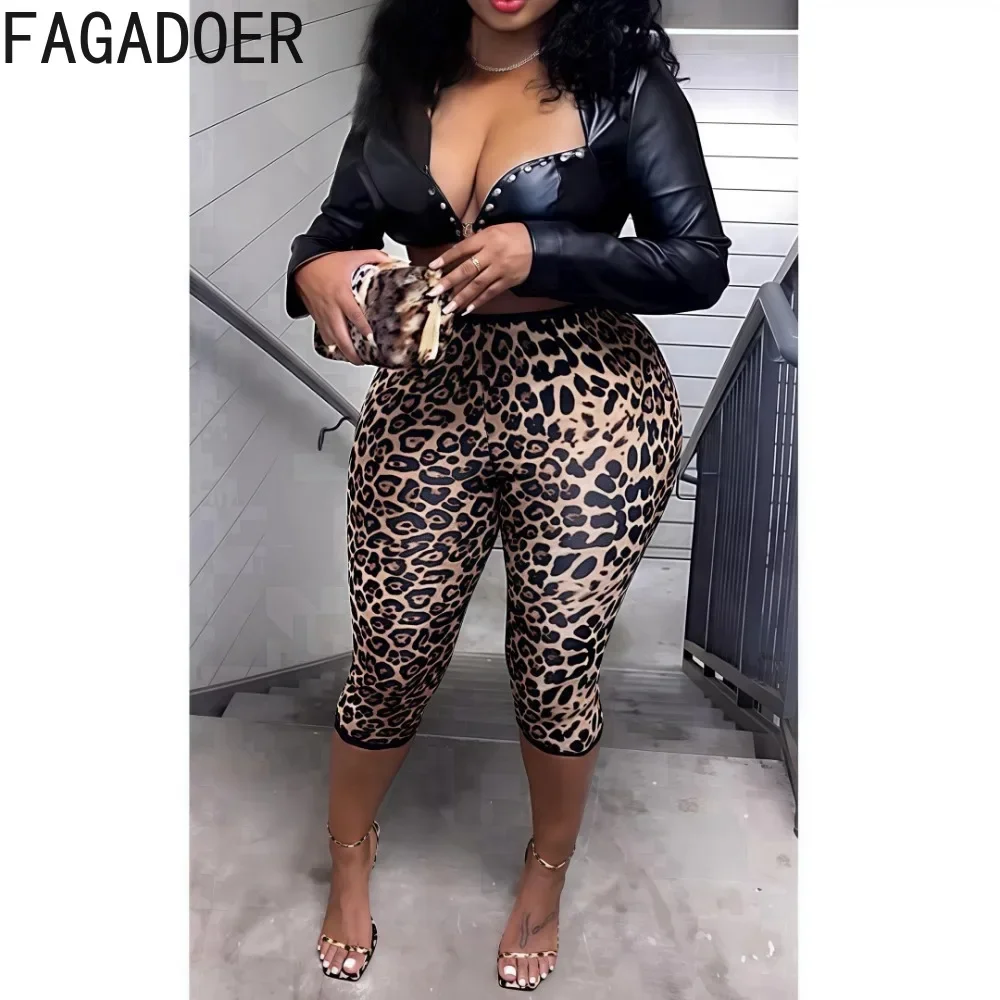 Fagadoer punk gótico sexy couro 2 peça define roupa feminina colheita rebite retalhos jaquetas + leopardo impressão calças femininas streetwear