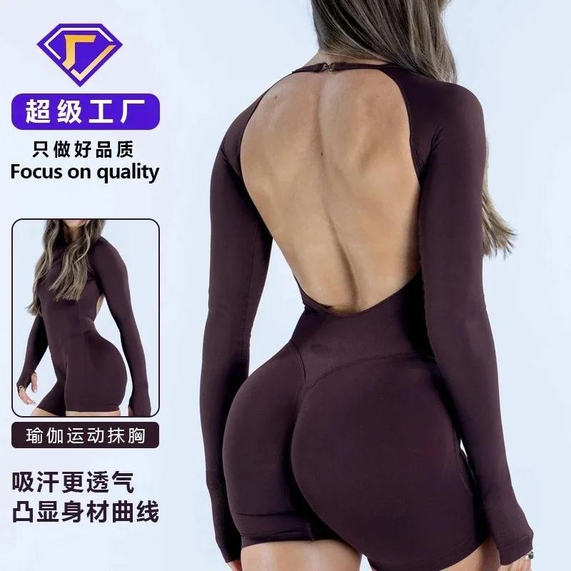 

Backless Brown Stretchy Long Sleeve High Waist Yoga Jumpsuit Women Breathable Butt Lifting One Piece Romper For Gym Workout
