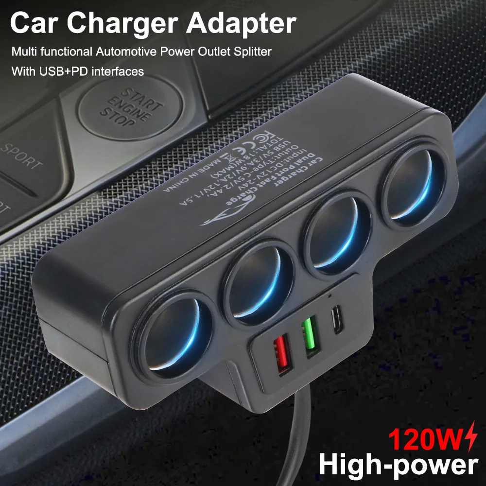 Splitter QC3.0+PD3.1A For Phone IPad Car Charger Adapter Car Accessories 12V 24V Multifunctional 120W USB Quick Charge