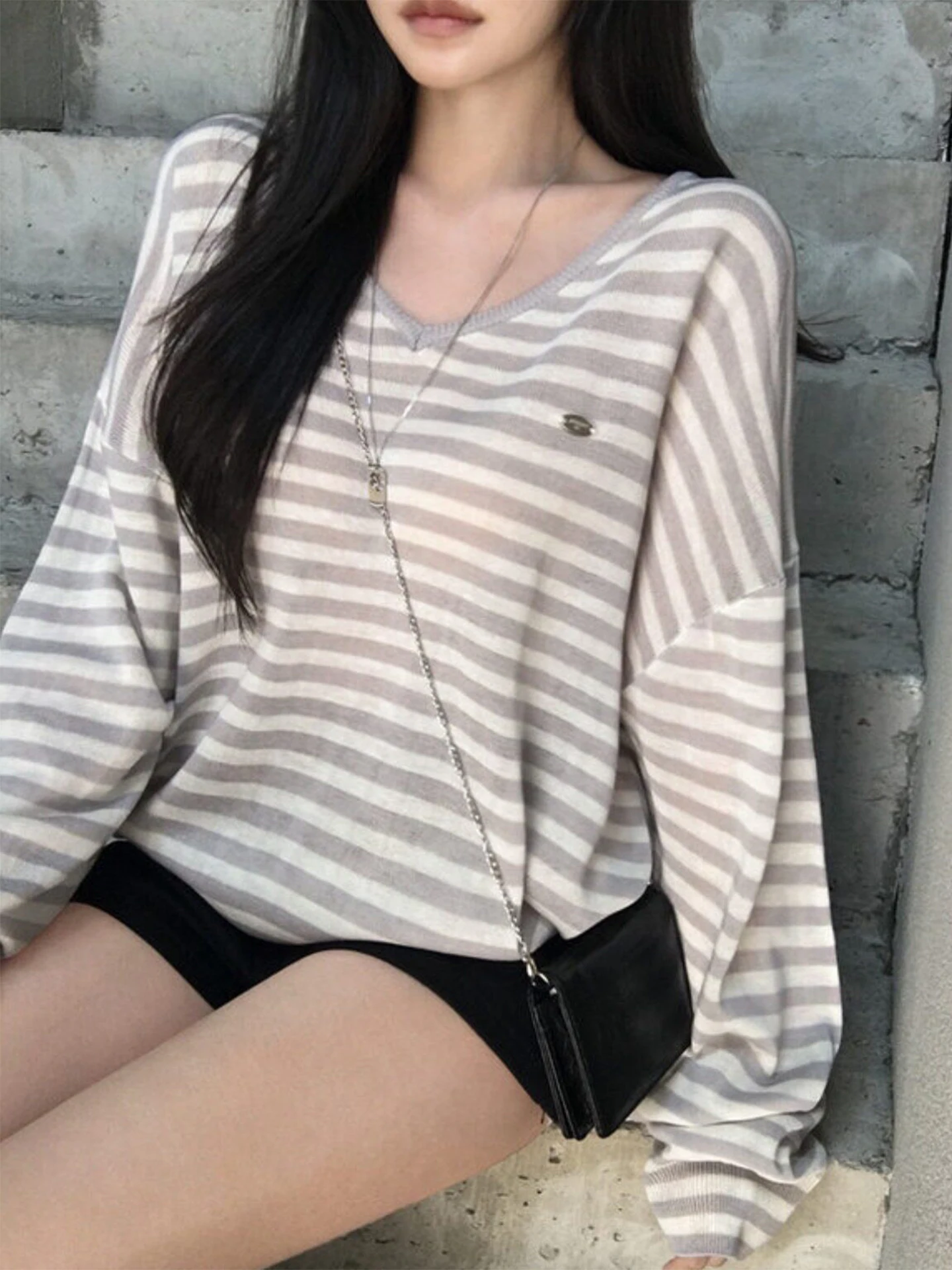 Chic Autumn New Loose Long Sleeve Knitted Top Women's Style Big V-Neck Color Block Striped Casual Fashion Ladies' Sweater