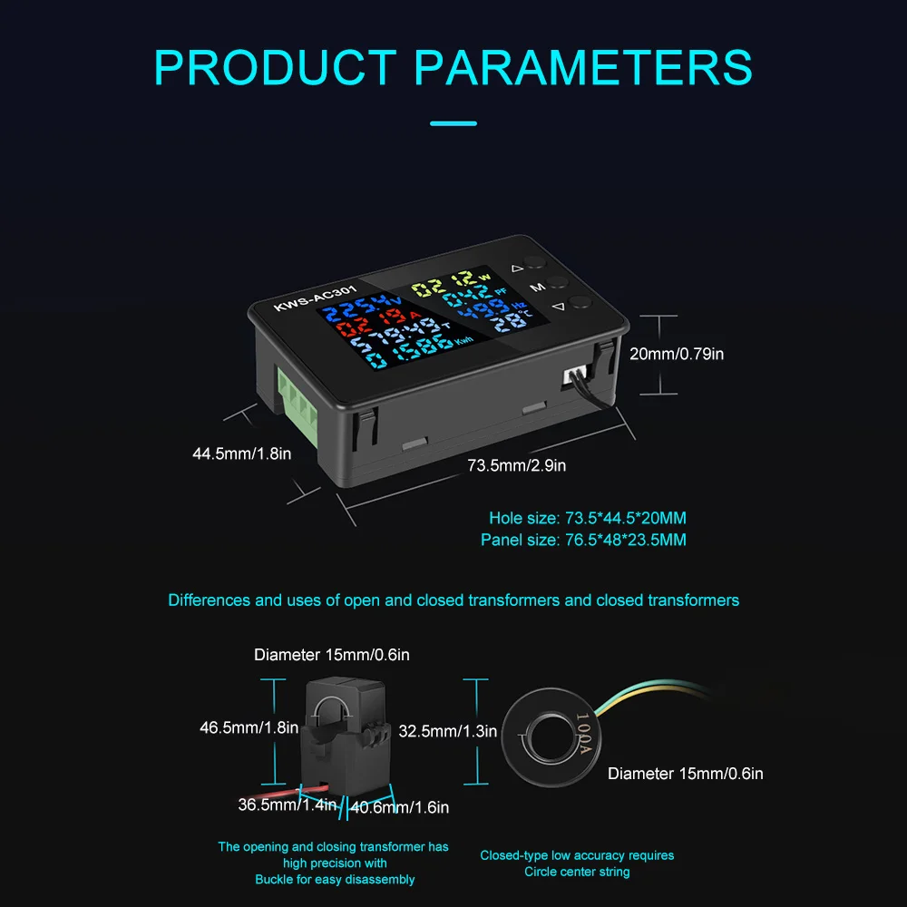 KWS-AC301 Wattmeter Power Meter AC 50-300V Voltmeter 50-60HZ Power Voltage Analyzers LED AC Electricity Meter 0-20/100A Detector