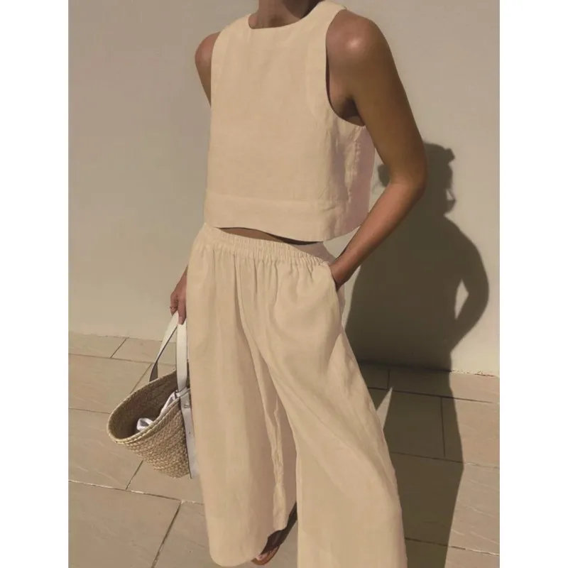 Costume pantalon à jambes larges pour femmes, couleur unie, décontracté, ample, col rond, sans manches, chemise ample, pantalon à jambes larges, ensemble deux pièces, nouvelle collection été