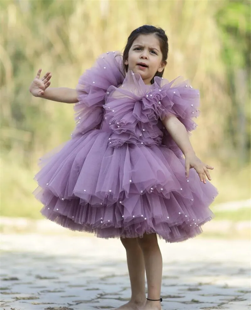 

New Customized Flower Girls Dress for Wedding Short Puff Sleeve Princess Handmade Party Prom Gown Girls Birthday Dress 1-14T