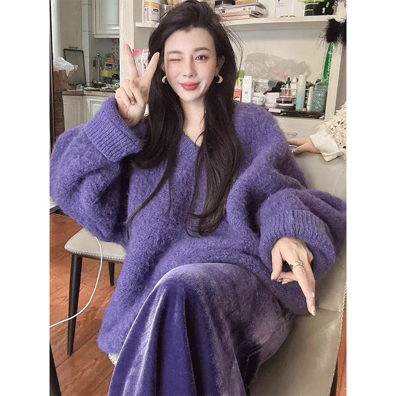 Autumn Outfit Gentle Korean Style Small Fragrance Style Explosive Street Purple Pullover Sweater Velvet Half Skirt Two-piece Set