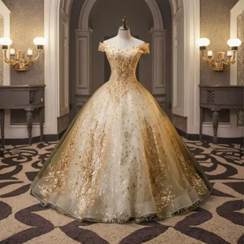 Gold Quinceanera Off the Shoulder Party Prom Sweet 16 Dress Ball Gown Vintage Quinceanera Gown Plus Size Vestidos Ball Gown