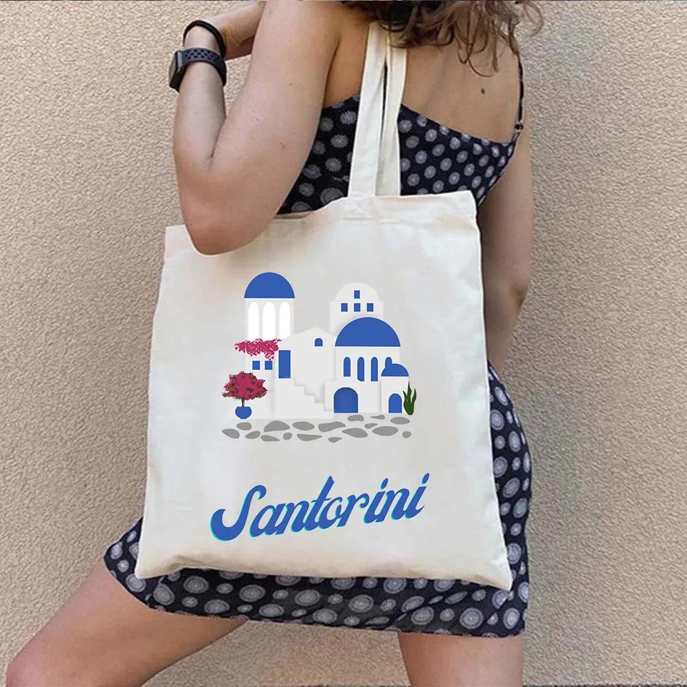 Santorini Greece Emblem Greek Evil Eye Greek Goddess Artemis Island Landscape Shopper Canvas Cotton Totes Bags Shopping Handbags