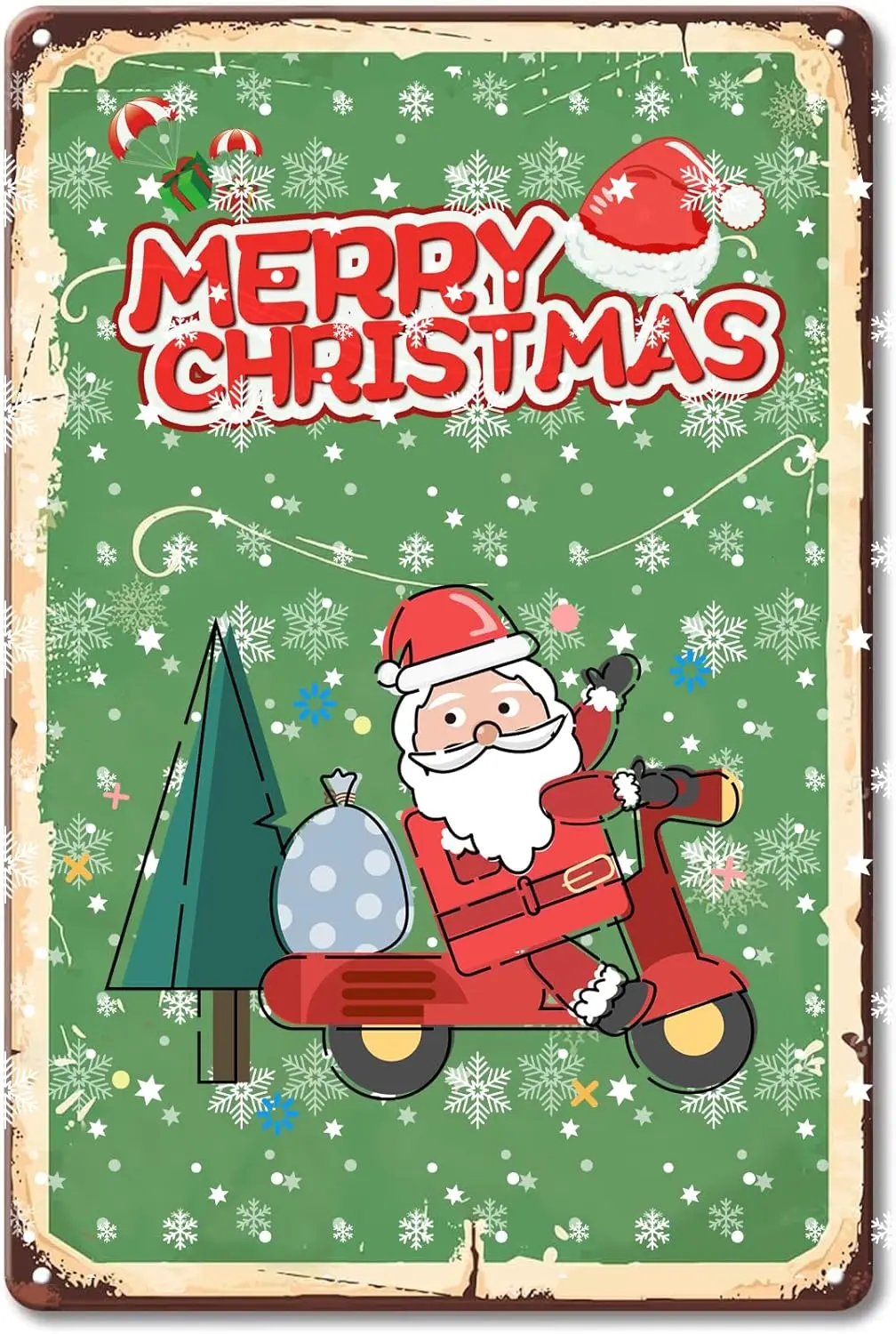 TRENDSTHAN Christmas Sign Merry Christmas Decorations Eve Santa Claus on a motorcycle delivering gifts Vintage Metal Tin Si sign