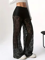2025 Spring/Summer Fashion Personalized Waist Collection Lace Jacquard Micro Transparent Splicing Straight Leg Casual Pants