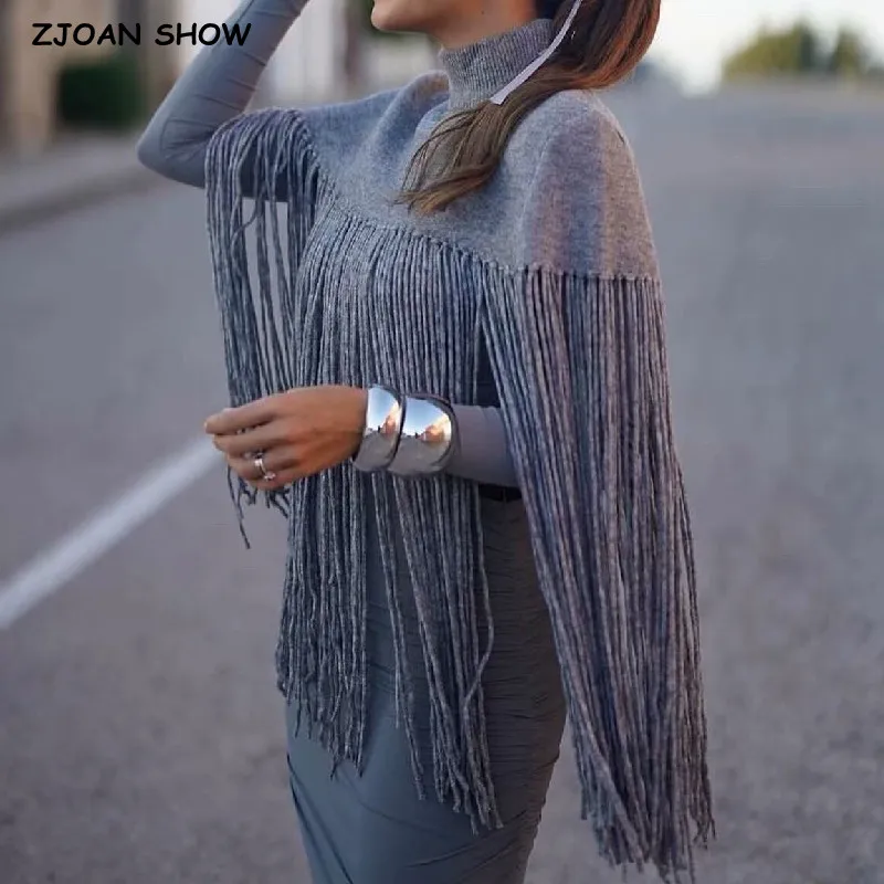 Spring Autumn Gray Knitting Long Tassel Cape Pullover Sweater Women High Collar Loose Fringed Shawl Knitwear Oversized Jumper