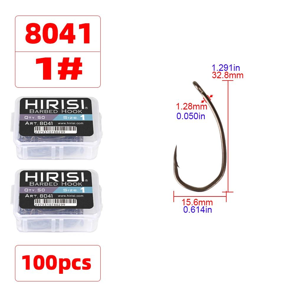 Hirisi 8041 50 Stück PTFE-beschichtete Angelhaken aus Hochkarbon-Edelstahl Rostfrei Scharfe Spitze mit Widerhaken und Öse für Angelzubehör