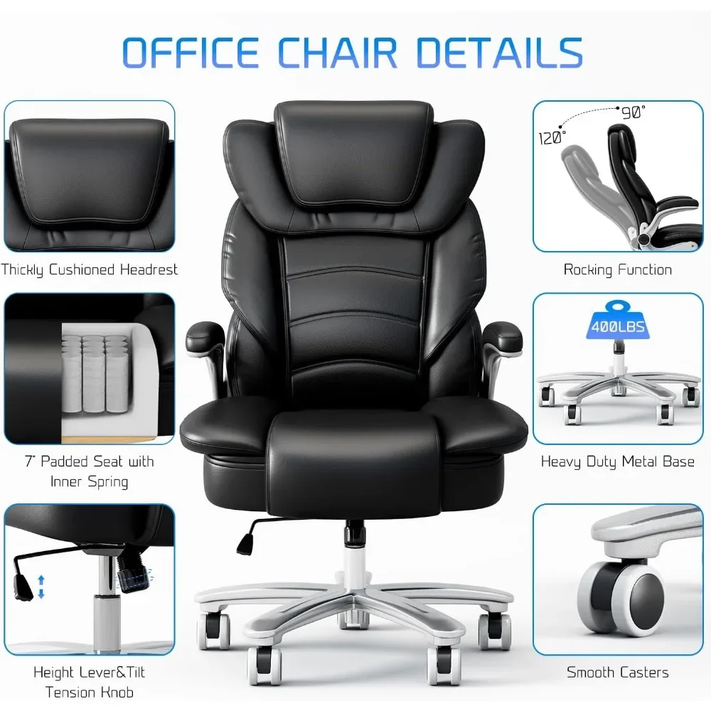 Office Chair 400lb Wide Seat, High Back Leather Executive Office Chair with Flip-up Arms, Ergonomic Computer Desk Chairs