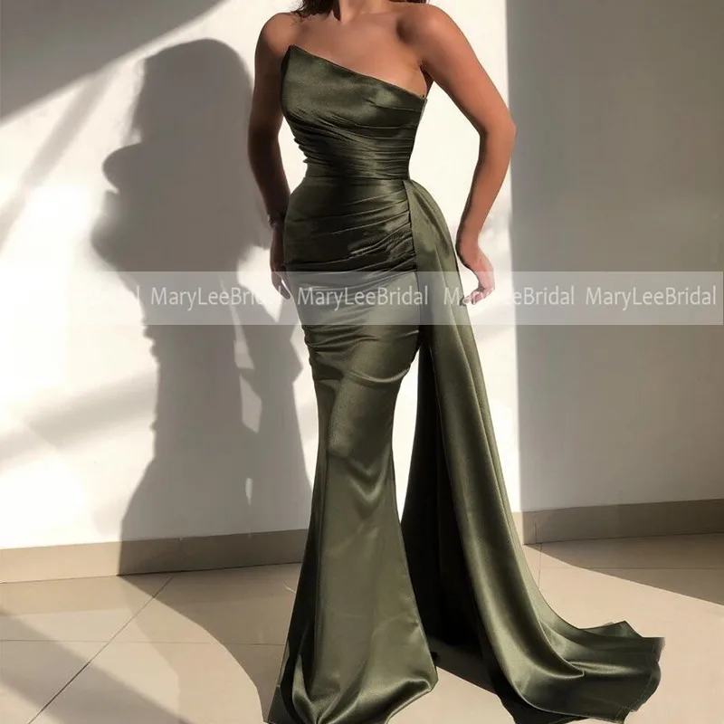 Asymmetrical Neckline Olive Green Mermaid Evening Dresses With Ribbons Pleat Shiny Satin Formal Gowns Prom Dress robes de soirée