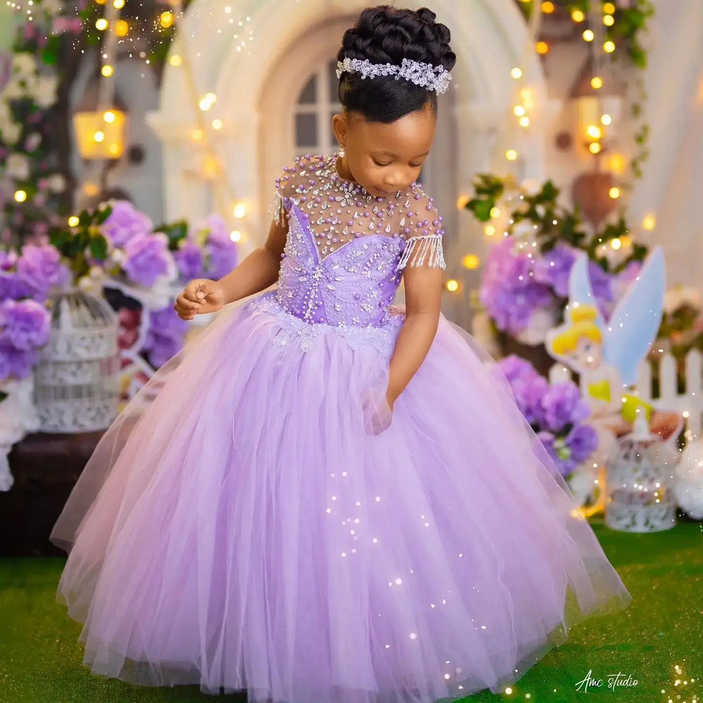 Vestidos de festa de aniversário para meninas com miçangas de lavanda, vestidos personalizados de flores de cristal para casamento, vestidos de baile de bebê para sessão de fotos