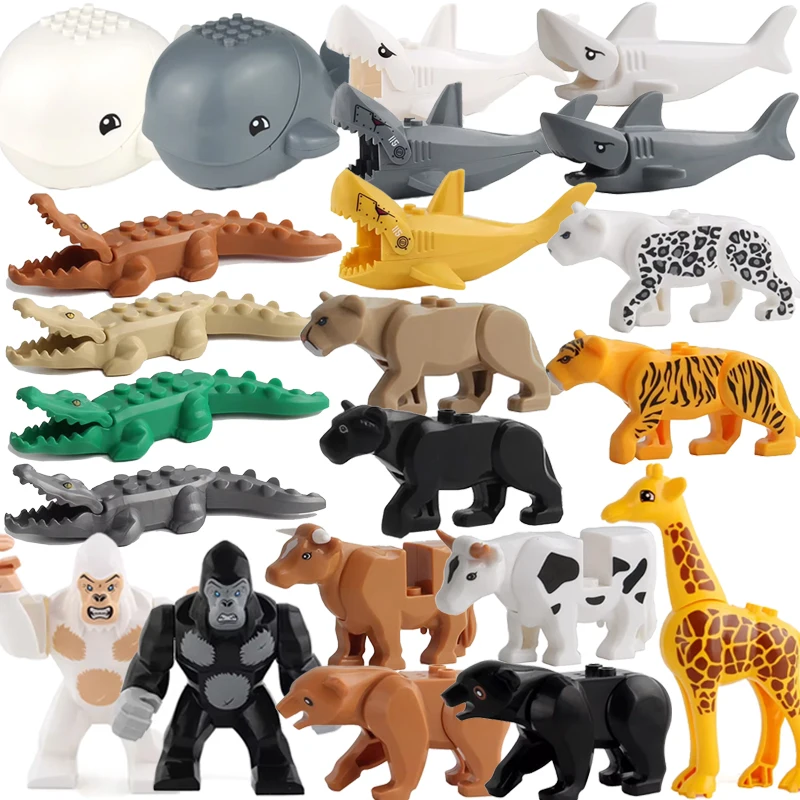 MOC Farm Zoo Animal Building Blocks Crocodile Shark Dolphin Chimpanzee Cow Leopard Educational Game Accessories Bricks Kids Toys