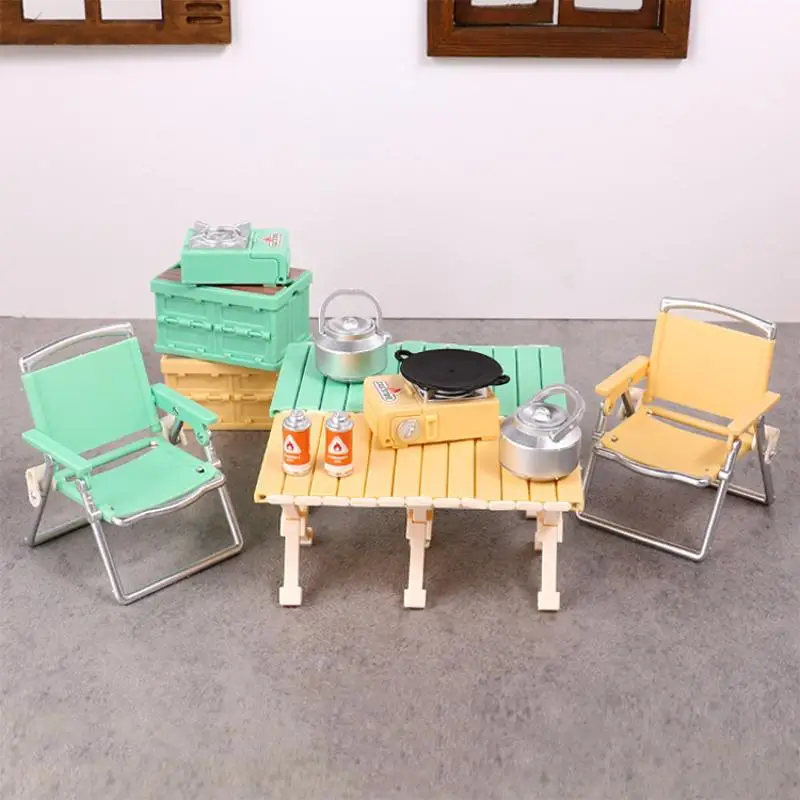 Juego de Picnic en miniatura para casa de muñecas, silla plegable, estufas de Gas, modelo de decoración, accesorios para casa de muñecas, 1:12
