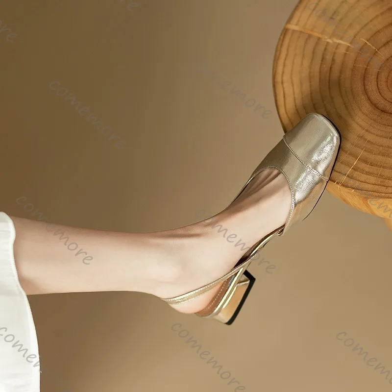 Estate francese confortevole punta quadrata pompe con bocca superficiale cinturino posteriore tacco basso scarpe singole sandali per le donne Zapatos De Mujer