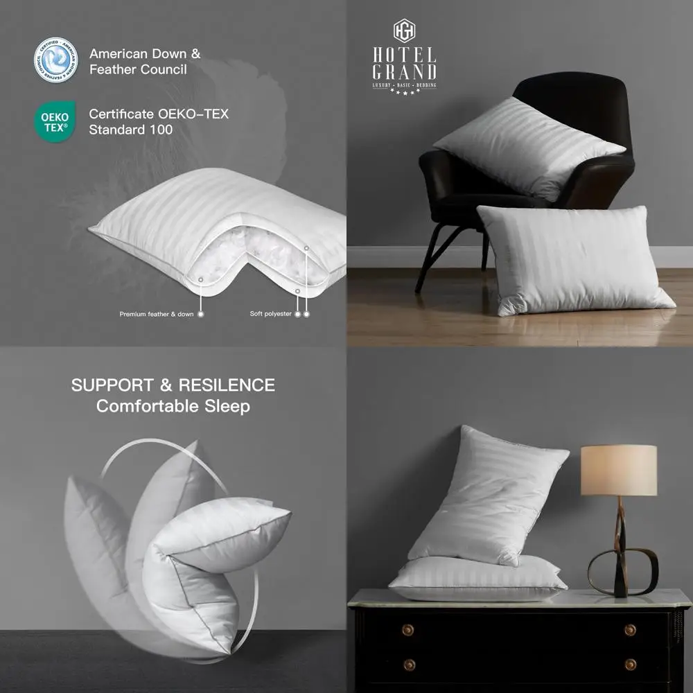 

King Size Hypoallergenic Down Pillows Set, Medium Firm, 100% Cotton, Ideal for Back/Side Sleepers, 2-Pack, 20x36